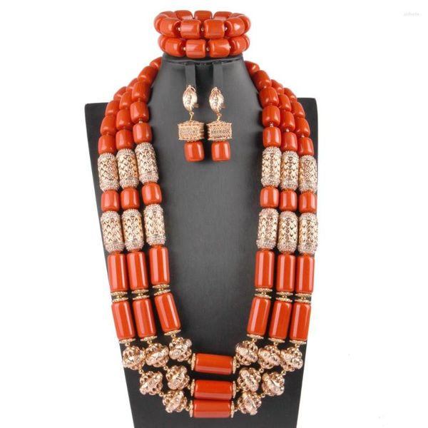 Ketting Oorbellen Set Kunstmatige Koraal Kralen Lang Voor Vrouwen Mode Ontwerp Hars Legering Accessorise Afrikaanse Bruiloft Sieraden Nigeria Bruid