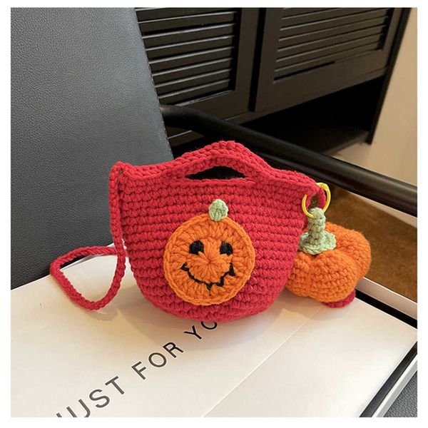 Borsa in maglia di lana fatta a mano con zucca di Halloween 2023 Mini secchiello a tracolla carino da donna 231007