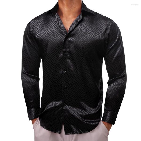 Camisas casuais masculinas de luxo para homens seda cetim preto listras manga longa magro ajuste masculino blusas trun down colarinho tops roupas respiráveis