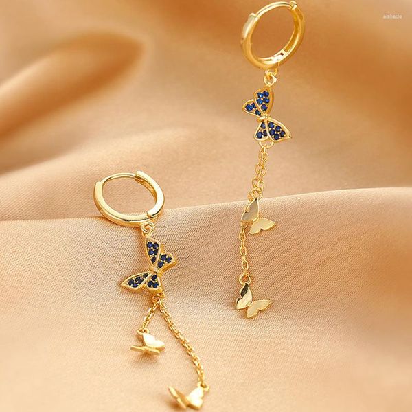Brincos de argola atacado moda longa borla gota para mulheres pequena huggie bonito borboleta azul cristal elegante acessório de jóias