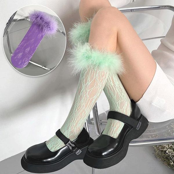Kadın Çoraplar Modaya Düzenli Seksi Fishnet Yaz Dantel Tüy Yumuşak Rahat Elastik Kafa Trim Şeffaf Yüksek Sokak Orta Tüp