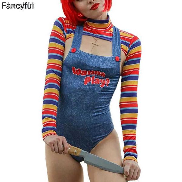 Themenkostüm 5XL Halloween kommt für Frauen Scary Nightmare Killer Doll Wanna Play Movie Character Bodysuit Chucky Doll Come 2pcs SetL231007