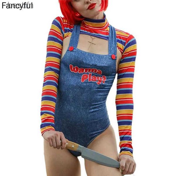 Traje temático 5XL Halloween vem para mulheres assustador pesadelo assassino boneca quer jogar filme personagem bodysuit chucky boneca vem 2pcs setl231007