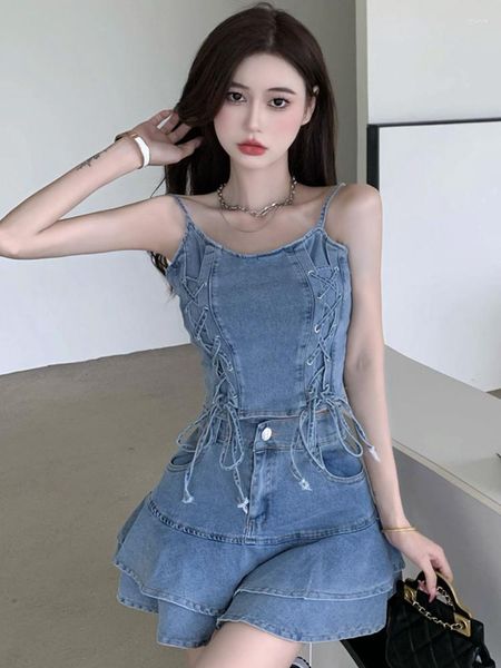 Arbeitskleider Korean Denim Sexy Club 2 Stück Outfits Frauen Strap Rückenfrei Kurze abgeschnittene Tops Hemdbluse Minirock Mujer Slim Sets Sommer