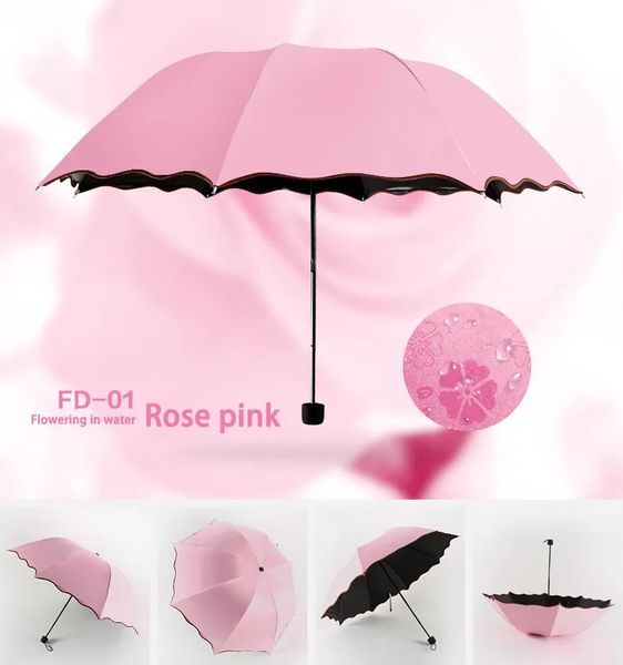 Guarda-chuvas femininos com proteção UV portátil mini guarda-chuvas à prova de vento 3 dobráveis flores em mudanças de água cor anti-UV guarda-chuva sol/chuva 231007