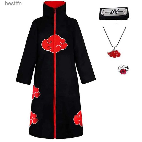 Themenkostüm Akatsuki-Umhang Kinder Itachi Lange schwarze Unisex-Robenumhänge Halloween Cosplay für Anime Kommen Sie mit Stirnband-Ring-HalsketteL231007