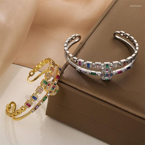 Модный роскошный браслет с геометрическим рисунком и цветным цирконом, открытый браслет для женщин, продвинутый медный браслет с медным покрытием, винтажный наконечник из настоящего золота