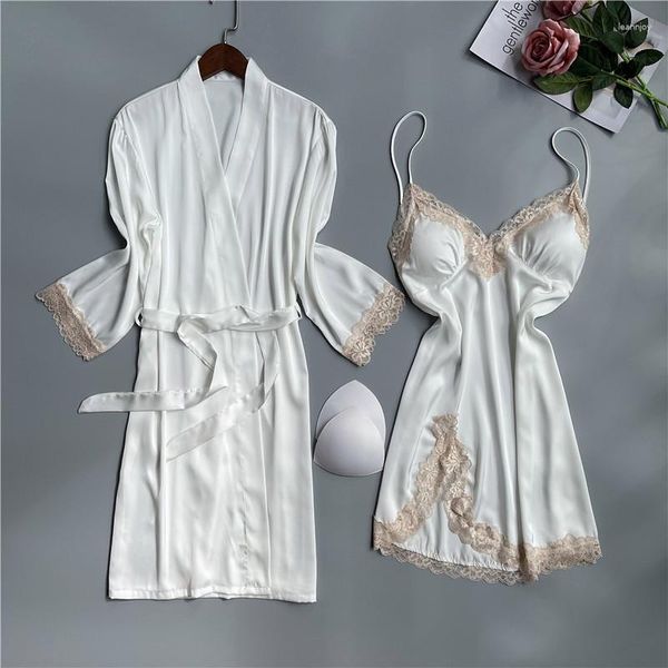 Indumenti da notte da donna Kimono bianco Abito da notte Set Summer Lady Twinset Accappatoio Cinghia Camicia da notte Sexy con pizzo Scollo a V Loungewear