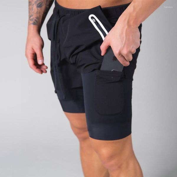 Shorts masculinos com bolso zip 2 em 11 camada dupla com pentagrama esportivo embutido calças jogger fitness fashion
