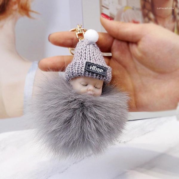 Portachiavi Soffice palla di pelo Pompon Dormire Bambino Portachiavi Auto Portachiavi Titolare Borsa Ciondolo Cappello Portachiavi con fascino Donne Giocattoli per bambini D253