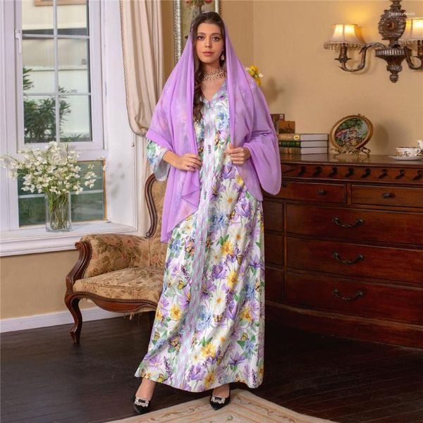 Elegant Müslüman Kadınlar İçin Etnik Giyim Abaya Çiçek Baskı Hijab Maxi Elbise Türkiye Arap Kaftan Eid Ramazan Parti Elbise Dubai Jalabiya