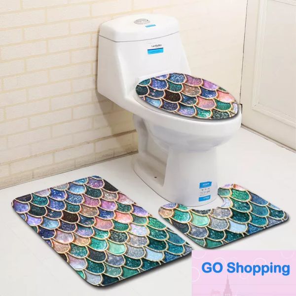 Simples escala de peixe impresso tapetes de banho 3 pçs/set anti-deslizamento tapetes do banheiro toalete tapete do banheiro