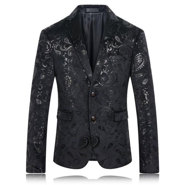 Blazer nero intero da uomo con motivo floreale paisley giacca da abito da sposa slim fit costumi eleganti abbigliamento da palco per cantante blazer da uomo293L