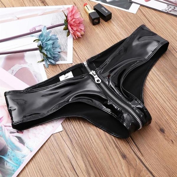 Kadınlar Lateks Wetlook Briefs Panties Seksi iç çamaşırı külotları siyah parlak pu deri fermuar kasık tangs bikini erotik iç çamaşırı wo2349