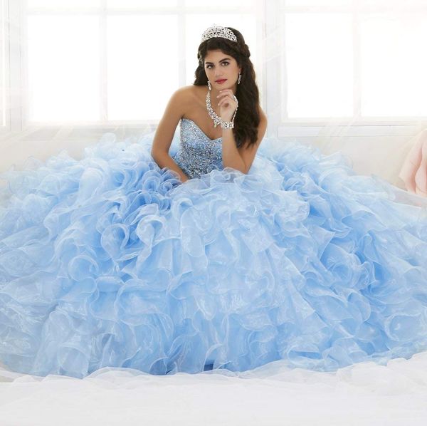 WANSHAQIN Damen-Ballkleid mit schweren Perlen, Herzausschnitt, Organza-Rüschen, Quinceanera-Kleider für Sweet 16