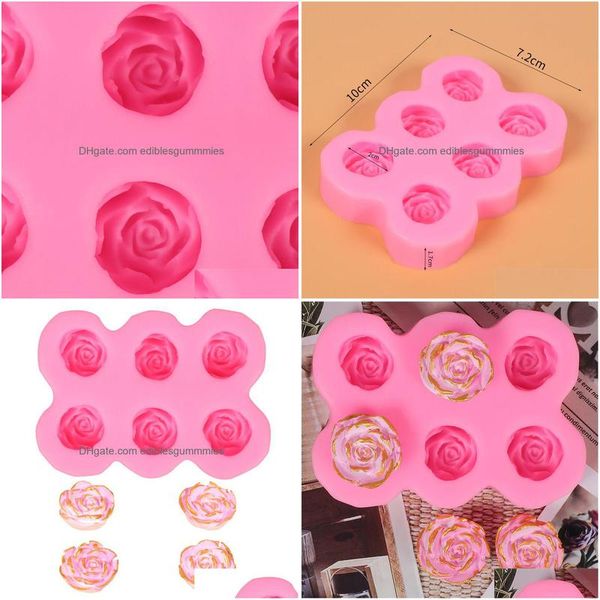 Moldes de cozimento 6-hole rosa flor sile molde artesanal doces fondant goma pasta decoração diy artesanato gotejamento cola suprimentos mj1233 gota dhxow