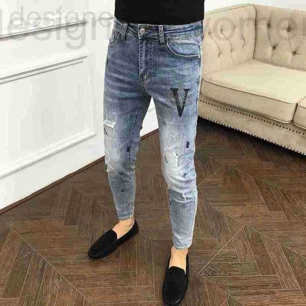 Herrenjeans Designer Designer Hot Diamond Print Broken Hole Net Red Slim Fit Füße Koreanische Modemarke Blue Nine Points Herbst Neu M2MI FGXF