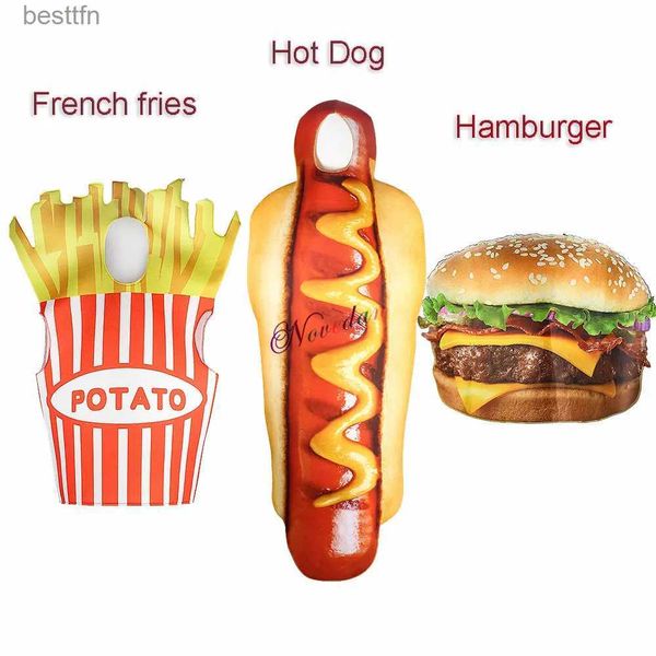 Tema Costume Adulto Divertente Stampa 3D Hamburger Patatine fritte Salsiccia Hot Dog Come Cosplay Halloween Uomo Donna Famiglia Un pezzo Cibo ComeL231007