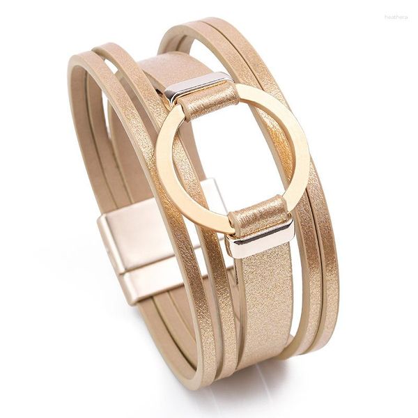 Link pulseiras boêmio feminino pulseira de couro metálico duplo círculo charme ímã fivela fecho pulseira larga jóias presentes