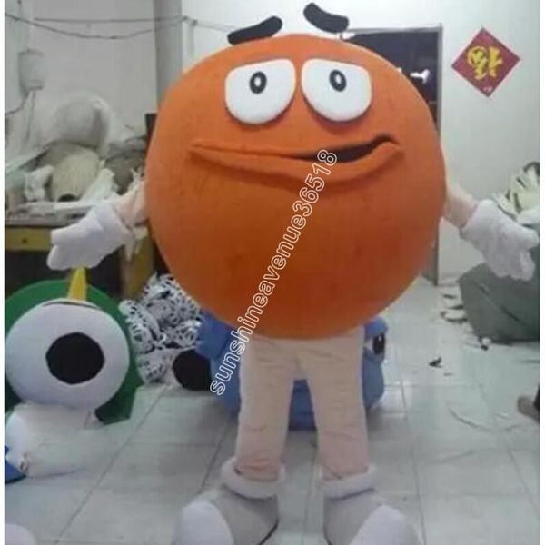 2024 Lustiges orangefarbenes M-M-Bohnen-Maskottchen-Kostüm, hochwertiges Cartoon-Thema-Charakter, Karneval, Erwachsene, Größe, Weihnachten, Geburtstag, Party, ausgefallenes Outfit