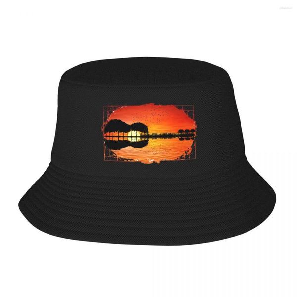 Berets guitarra ilha pôr do sol balde chapéu panamá para crianças bob chapéus outono pescador verão praia unisex bonés