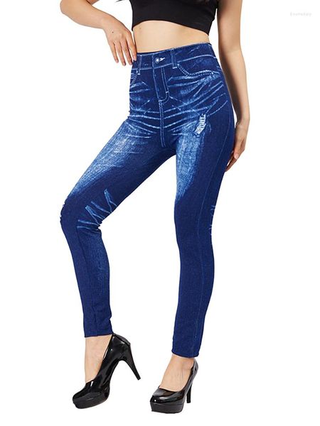 Leggings femininas Visnxgi Plus Size Alta Espera Falso Denim Lápis Calças Mulheres Azul Imitação Impresso Buraco Profundo Stretch Jeggings