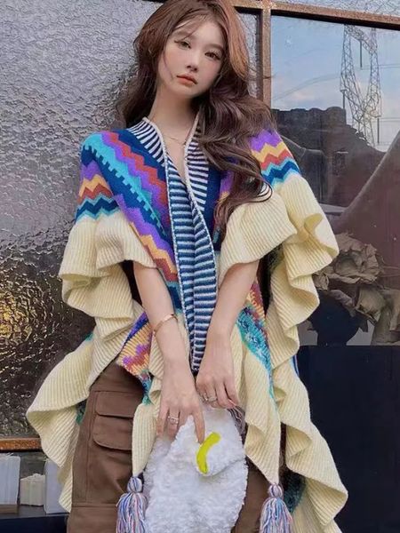 Sciarpe Scialle da donna a righe colorate con volant autunno caldo ed elegante temperatura antivento moda comoda versione mantello 231007