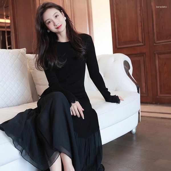 Abiti casual 2023 Cekcya Stile minimalista Elegante abito nero da donna Donna Autunno Boutique Design Maxi Moda femminile Banchetto Abito