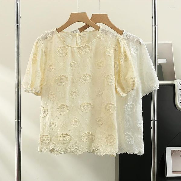 Blusas femininas korejepo 3d bordado pulôver topo 2023 verão francês suave em torno do pescoço blusa manga bolha camisas