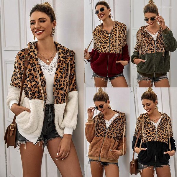 Hoodies femininos leopardo impressão zip-up casaco de pelúcia senhoras cardigan com capuz moletom bloco de cor escritório feminino outono inverno