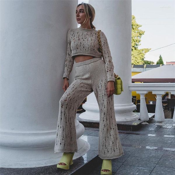 Women's Two Piece Pants Crochet Women 2 Set Hollow Out Full Sleeve O Neck Crop Tops Elastic Straight Elegant Streetwear Matching Suits
