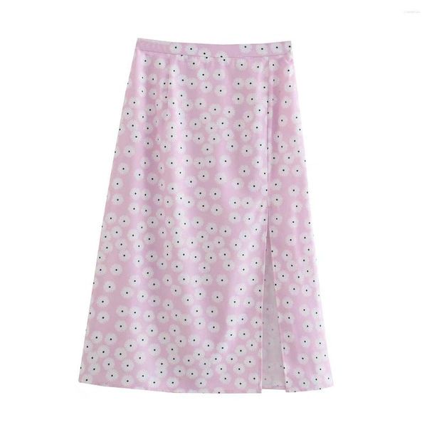 Röcke 2023 Frauen Fashion Floral Rosa Midi Rock Chic Mädchen Elegante Casual Vintage Hohe Taille Schlitz Weiblichen Frühling Sommer