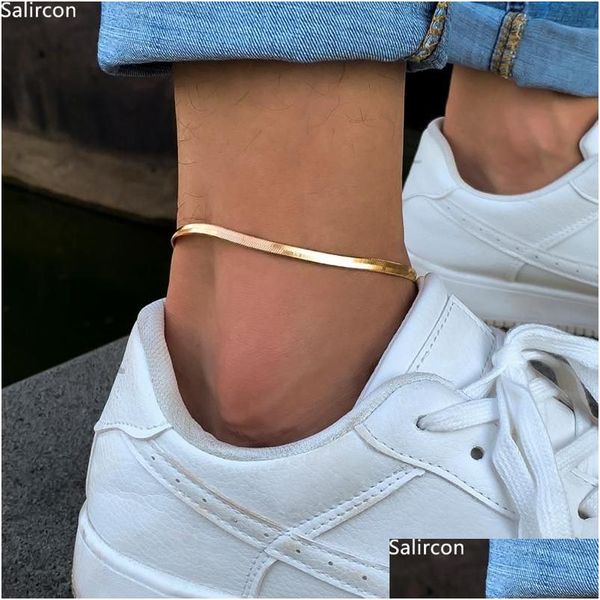 Fußkettchen Gothic Basic Einfache flache Klinge Schlangenkette Armband am Bein für Männer Frauen Punk Gold Farbe Kupfer Fußkettchen Kpop Fußschmuck Otosg