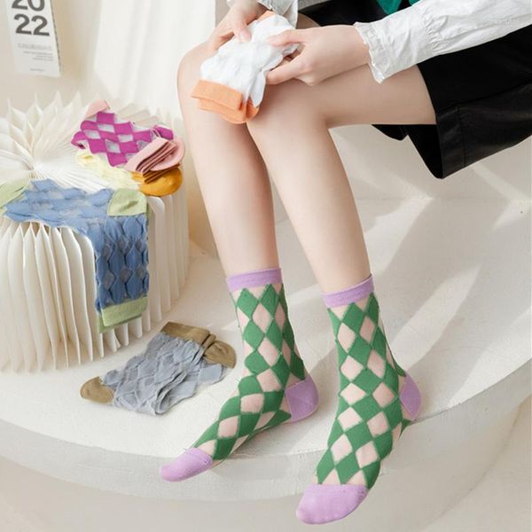 Frauen Socken Ultra-dünne Transparente Kristall Seide Mode Sommer Harajuku Retro Fringe Plaid Streetwear Lange