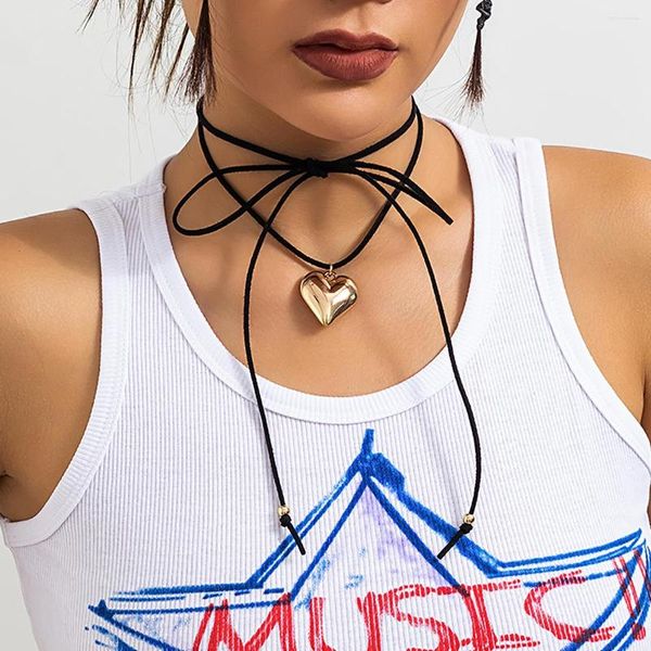 Anhänger Halsketten Lange Seilketten mit Metall Herz Halskette für Frauen Trendy Lace Up Choker 2023 Modeschmuck am Hals Zubehör Geschenk