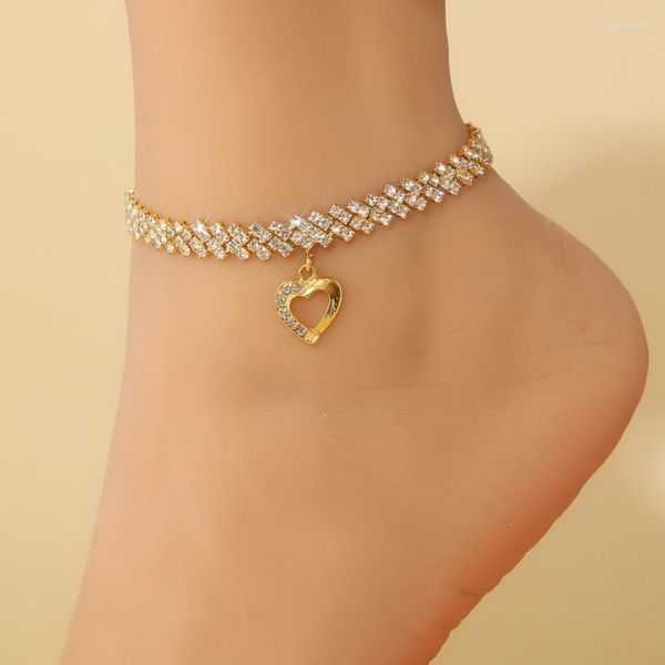 Cavigliere dolce cuore cavo d'oro per le donne moda nastro colore amore strass cavigliera spiaggia estiva braccialetto piede catena di gioielli