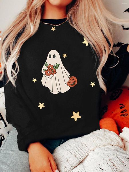 Felpe con cappuccio da donna 2023 Autunno Inverno Halloween Zucca Faccia Fantasma Stella Felpa Caldo Casual Girocollo Pullover Nero Tinta unita Top per