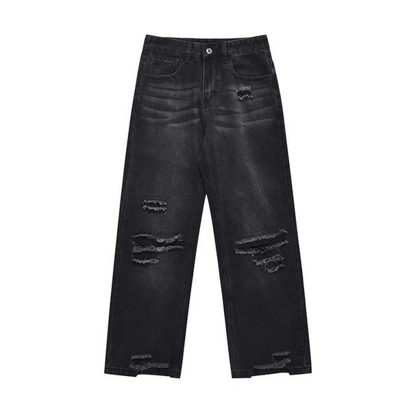 Jeans strappati e lavati in stile americano di High Street, pantaloni larghi a gamba larga con tubo drittownc6wnc6