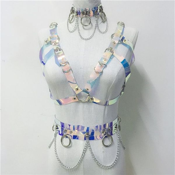 Trajes sexy gótico artesanal holográfico pvc 3 peças conjunto feminino colarinho gargantilha sexy colheita superior link corrente cinto rave festival ma278y