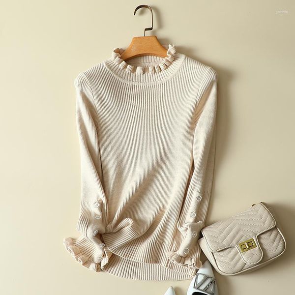 Женские свитера с оборками, вязаные однотонные женские свитера и пуловеры, 2023, повседневная офисная женская одежда с длинными рукавами, элегантные пуловеры, верхняя одежда, топы