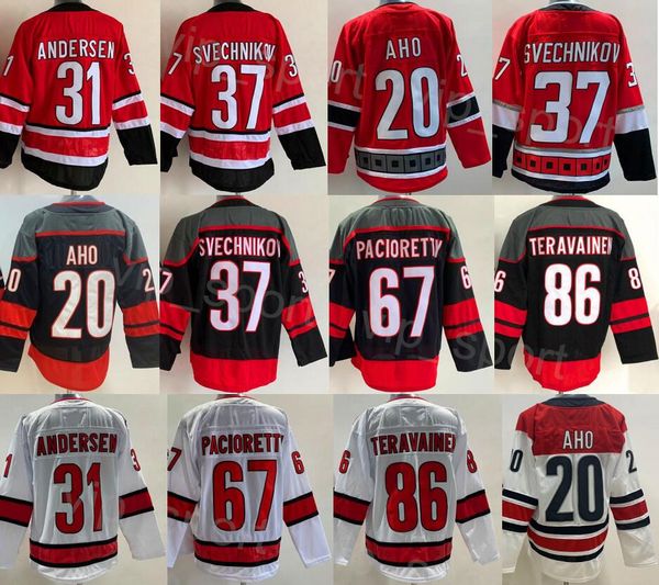 Herren Hockey 31 Frederik Andersen Trikot Reverse Retro 86 Teuvo Teravainen 37 Andrei Svechnikov 20 Sebastian Aho Stitching Team Schwarz Rot Weiß 25. Jahrestag