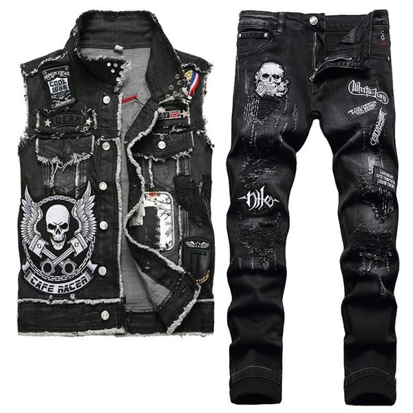 2022 Tute Teschio Nero Ricamato da Uomo in Due Pezzi Jeans Set Moda Casual Risvolto Gilet di Jeans e Pantaloni con Foro Strappato Punk228r