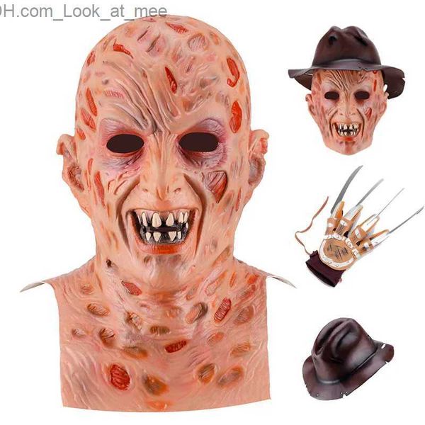 Maschere per feste Halloween Freddy Mask Krueger Killer Guanti Cosplay Cappello Costume horror Testa completa Maschera in lattice Forniture per travestimento Q231007