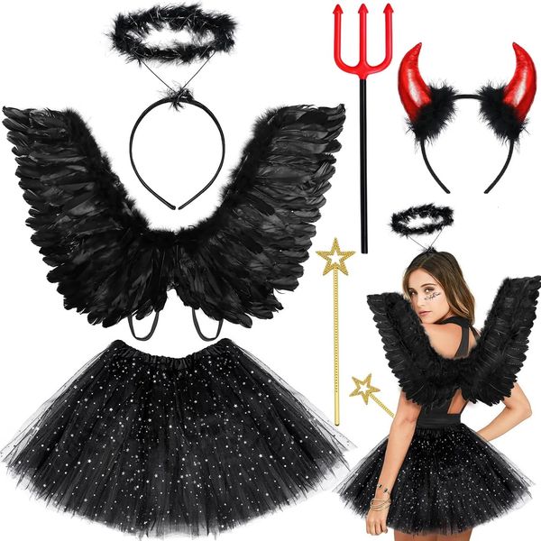 Weihnachtsdekorationen Halloween Engelskostüm Damen Teufelskostüm Damen Engelsflügel Heiligenschein Teufelsflügel Teufelshörner und Gabel Schwarzes Tutu – Damen Hallowee 231006