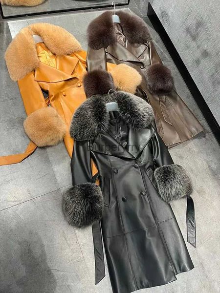 Women's Fur Faux Fur Pelzmantel Frauen Luxury Real Fox Pelz Kragen 2022 Neue Koreanische Mode Echtem Schaffell Leder Trenchcoat Zweireiher ClothesL231007