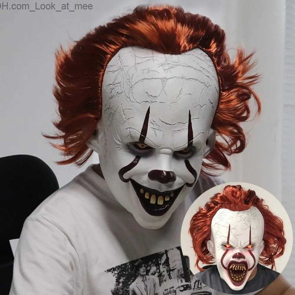 Máscaras de festa Horror Pennywise Stephen King Máscara Cosplay Assustador Cabelo Vermelho Palhaço Assassino Máscaras LED Capacete de Látex Halloween Carnaval Traje Prop Q231007