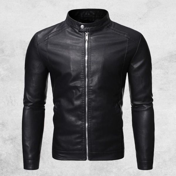 Vestuário de motocicleta homens fino jaquetas de couro pu outono inverno quente outwear fecho de zíper gola falso casaco de motociclista preto