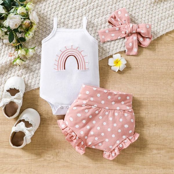 Kleidungssets Koreanischer Stil trifft auf Baby-Mädchen-Chic: 3-teiliges Set mit Weste, gepunkteten Shorts und Kopftuch mit Cartoon-Print für 0–24 Monate alte Kinder