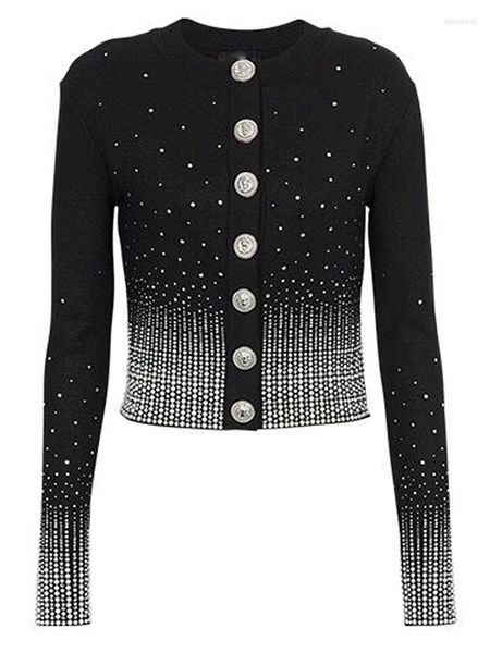 Malhas femininas high street est 2023 f/w designer jaqueta leão botões strass diamantes embelezado malha cardigan