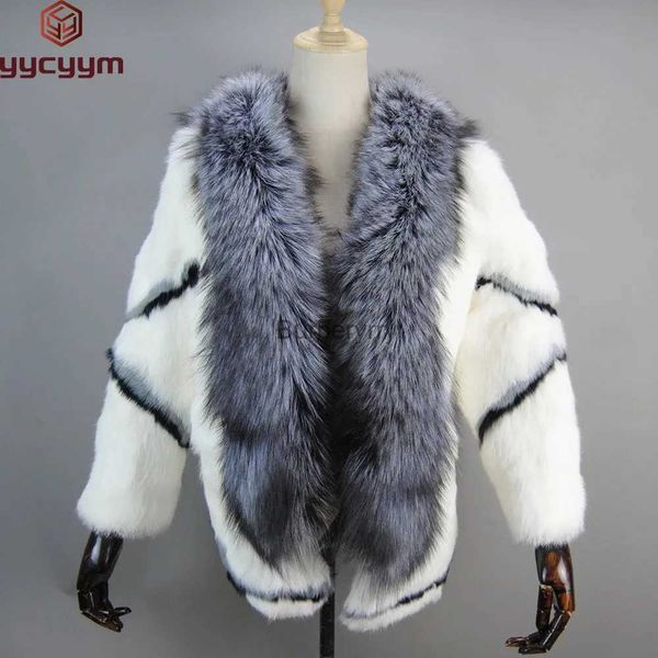 Pelliccia sintetica delle donne 2023 vendita calda inverno delle donne reale genuino naturale cappotto di pelliccia di coniglio con collo di pelliccia di volpe ragazze moda giacca di pelliccia OutwearL231007